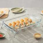 طاجن بوركام مستطيل زجاج حراري 3.85 لتر مع حامل فضي