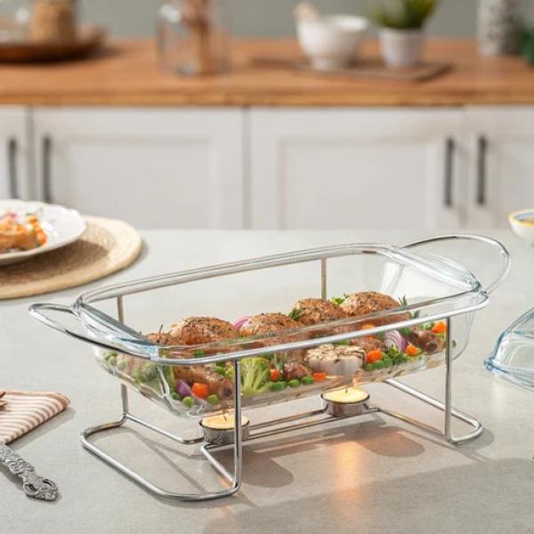 Borcam - Rectangular Food Warmer with Handles - 2.75 Lit - Silver Plated Metal & Tempered Glass